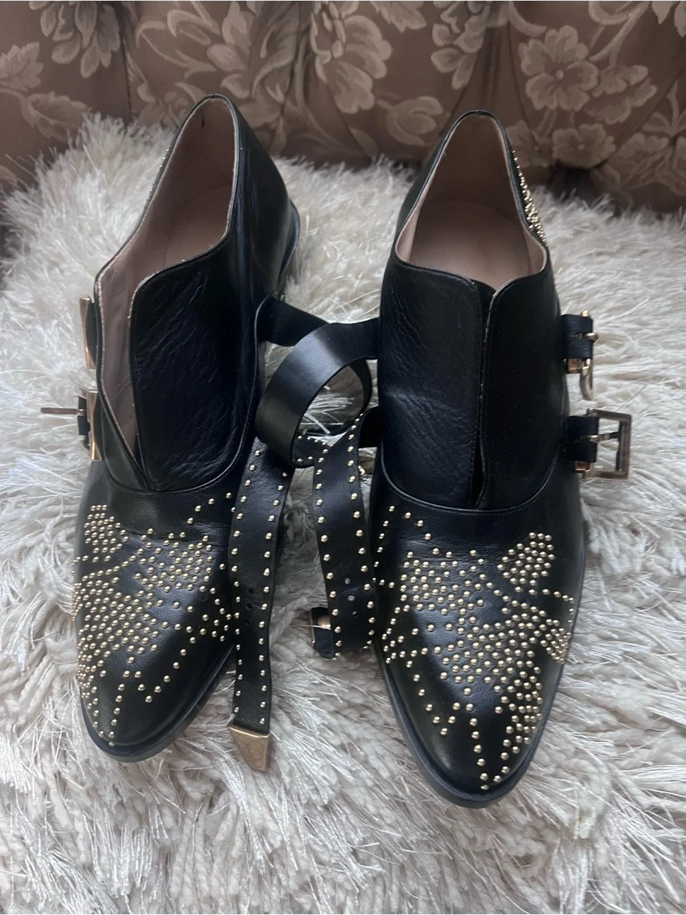 Chloe Black Leather Pointed Loafers with Gold Stud Detailing